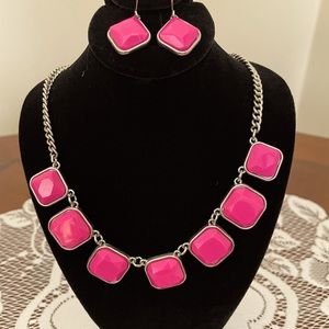 Fuchsia and Silver Necklace and Earrings